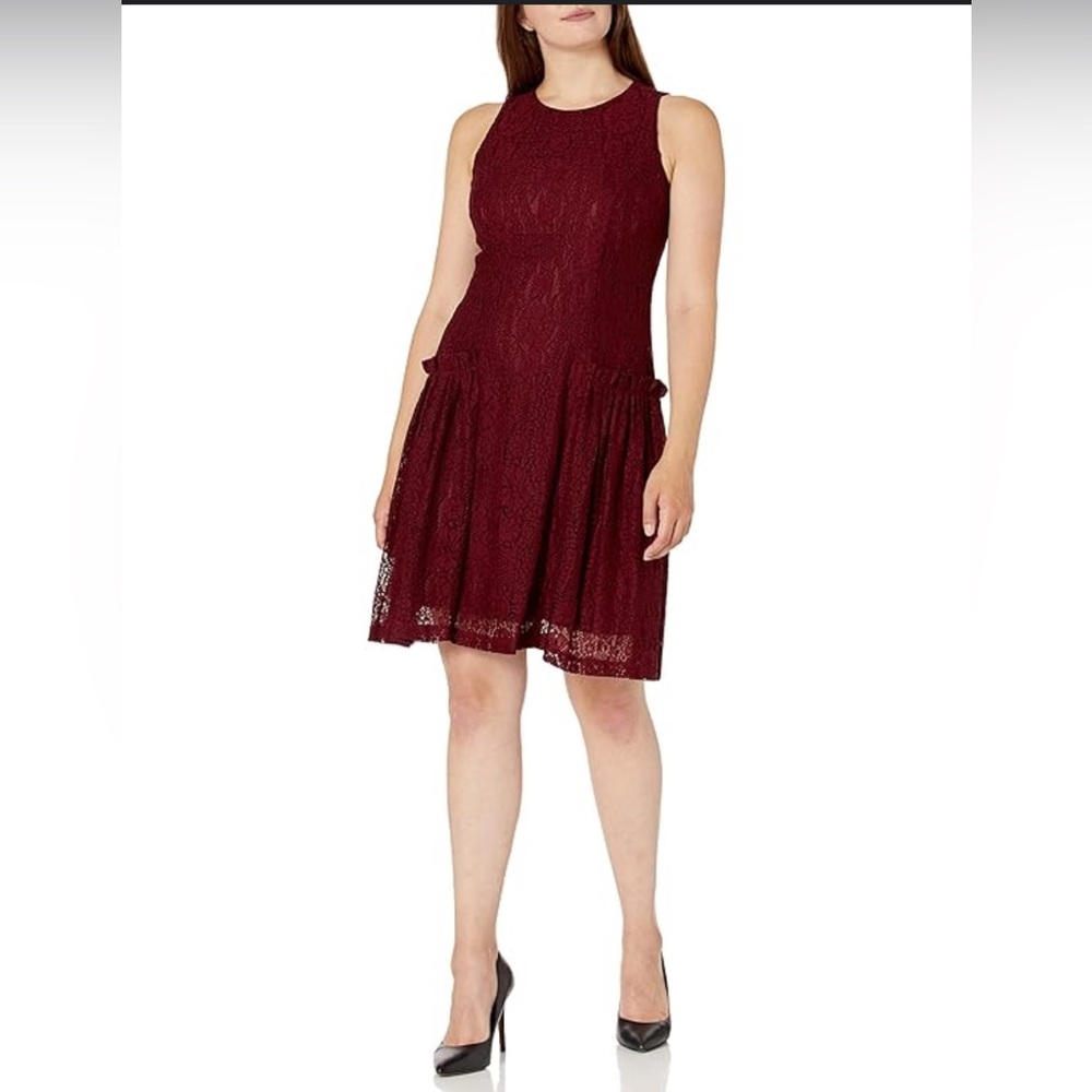 Gabby Skye Burgundy Red Sleeveless Lace Overlay Drop Waist Dress Size 14